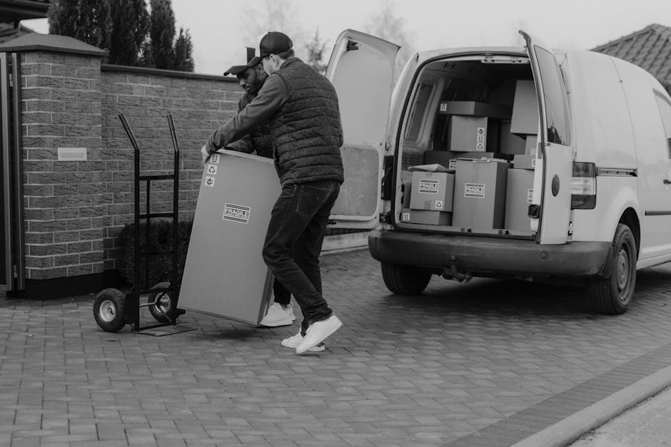 A man with a beard, wearing a white polo shirt and a black cap, stands outdoors beside the open back of a delivery van during a home relocation process. He is holding a medium-sized cardboard box, which is part of multiple boxes stacked inside the van and on the pavement. The boxes are mostly closed and made of corrugated cardboard, some wrapped with plastic film for protection. Inside the van, additional packing materials such as plastic wraps and blankets can be seen, suggesting careful handling of furniture and fragile items. The scene takes place in daylight, with a background view of greenery and trees, indicating a suburban or residential area. The loading area appears organized, with the boxes positioned near the van’s open rear doors, ready for transportation as part of a furniture transport or packing and moving operation conducted by Man With a Van Finchley, showing typical loading and lifting actions involved in house removal services near Ballards Lane, North Finchley.